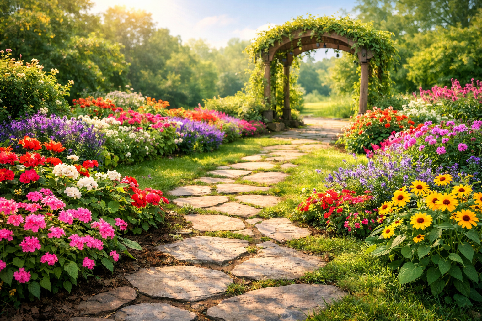 Flower bed with colorful perennials and garden design