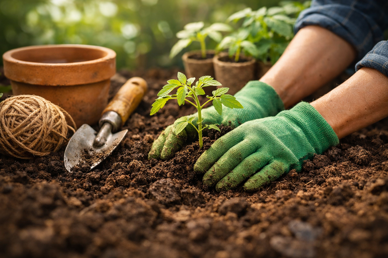 Gardener working with plants in a lush greenhouse environment
