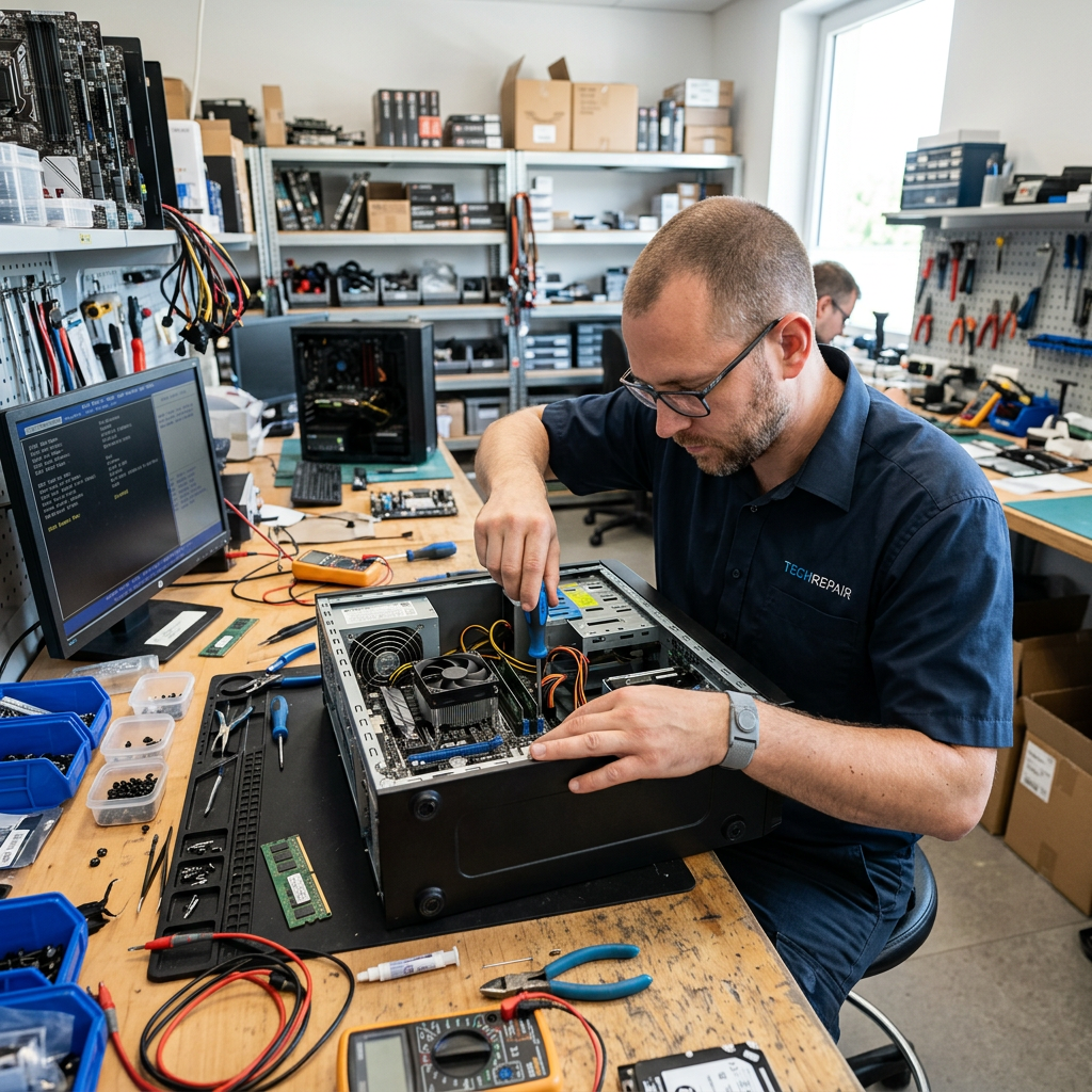 TechFix Solutions technician repairing computer at workbench